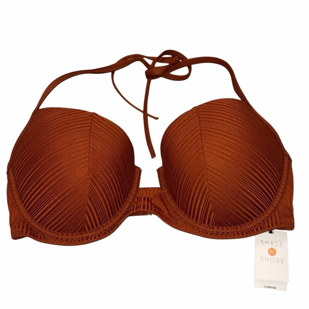 NEW Shade & Shore Cabana Cinnamon Ribbed Underwire Halter Bikini Top size 36D